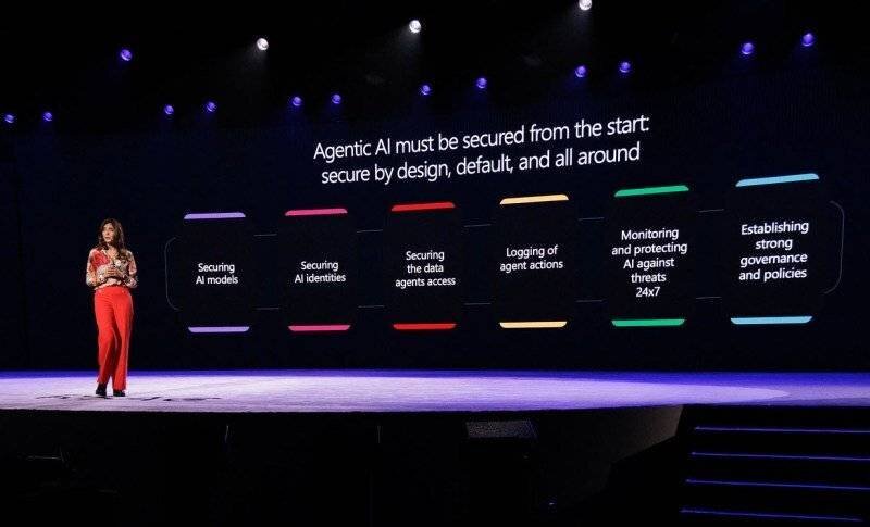 Vasu Jakkal de Microsoft présentant les piliers de sécurité IA au RSAC 2025