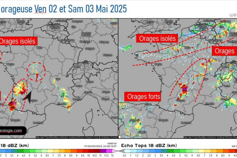 Zones d'orages prévues du vendredi 2 mai au samedi 3 mai 2025.