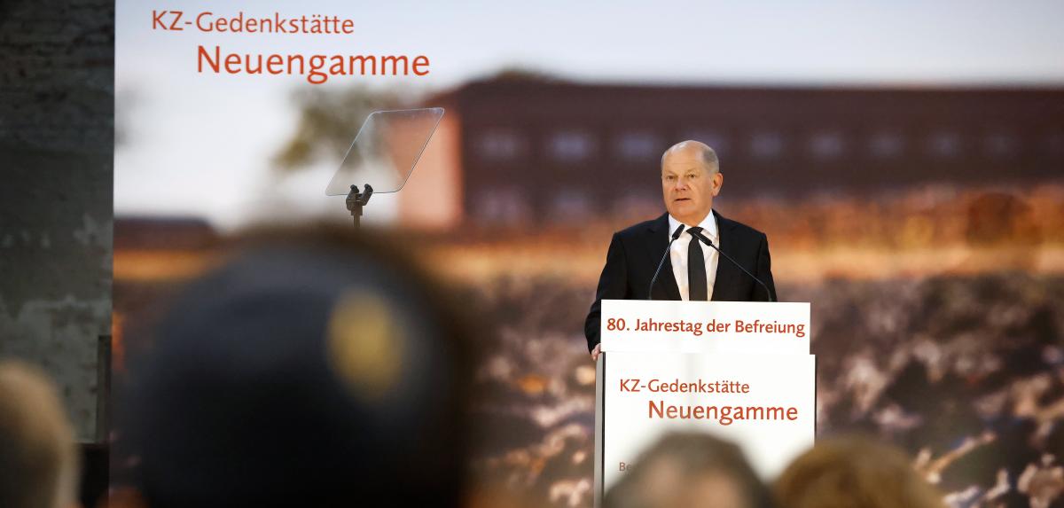 Olaf Scholz lors de la cérémonie commémorative à Neuengamme, 3 mai 2025, Hambourg