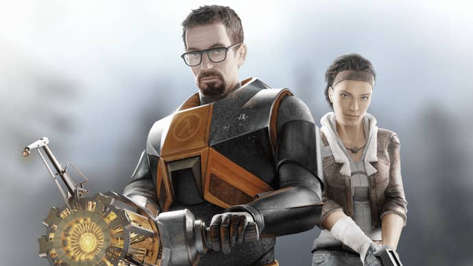 Illustration de Half-Life 2 avec Gordon Freeman et Alyx Vance armés