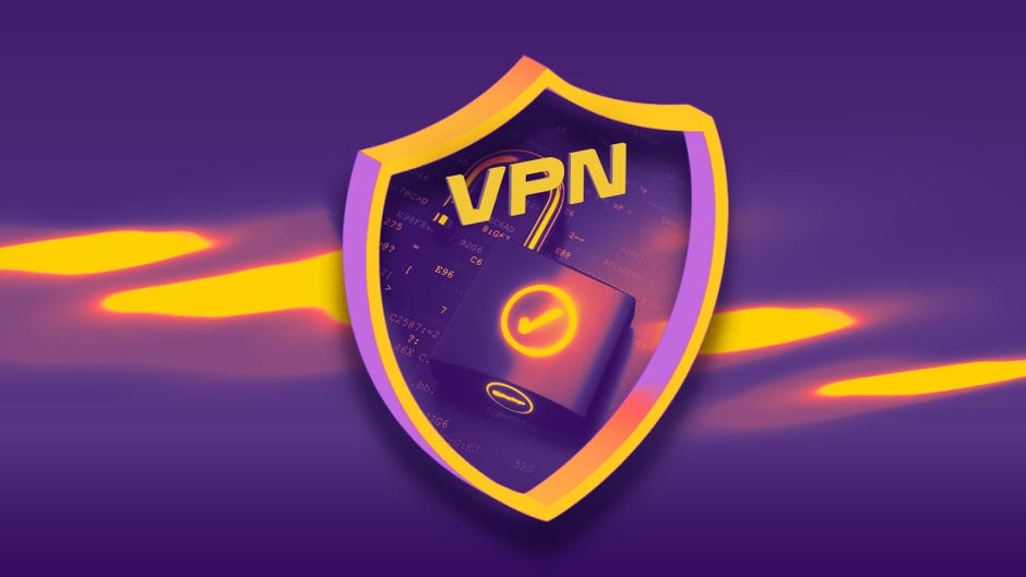 Bouclier VPN sur fond violet avec un cadenas ouvert et une coche lumineuse