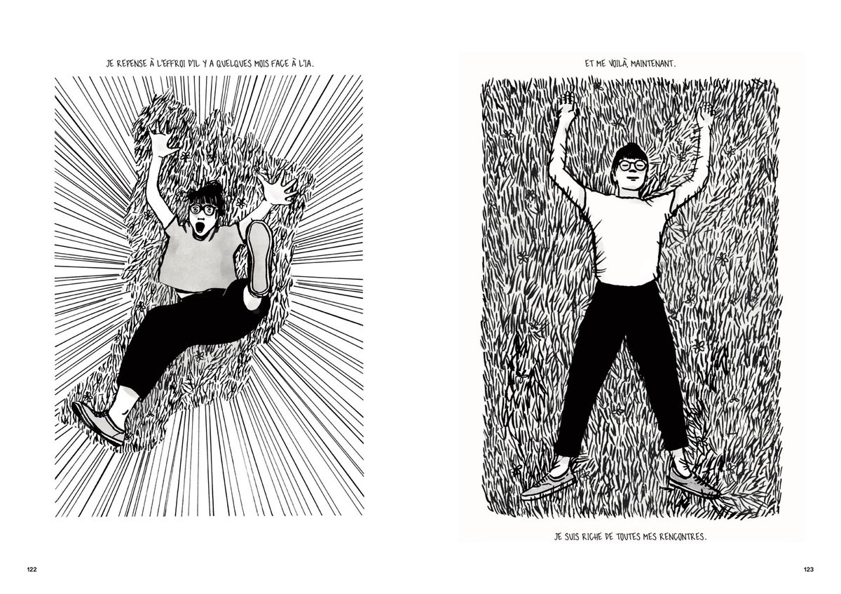 Deux illustrations en noir et blanc de ’Certifié humain’ par Dora Formica.