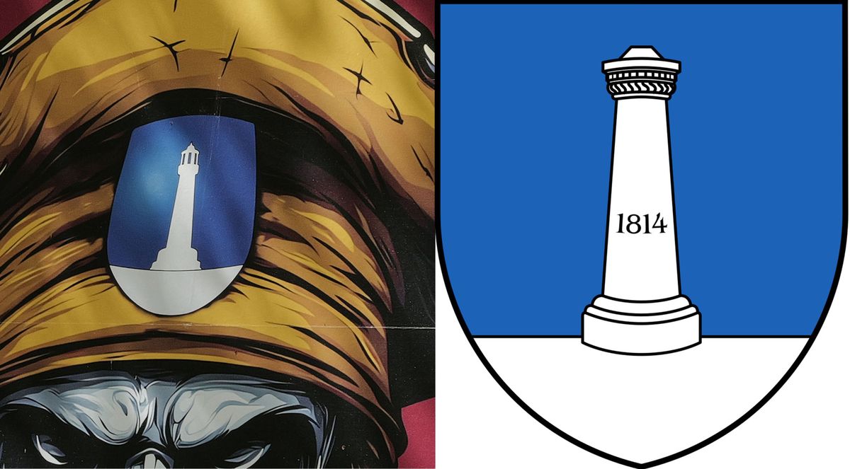 Illustration montrant une fresque moderne avec une tour sur un écusson, à côté du blason officiel arborant une tour avec l’année 1814.