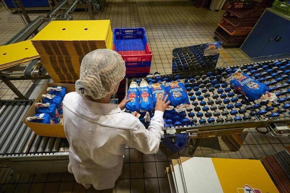 Une employée travaille sur une ligne de production de l'usine Harrys à Montierchaume, le 29 avril 2025 dans l'Indre