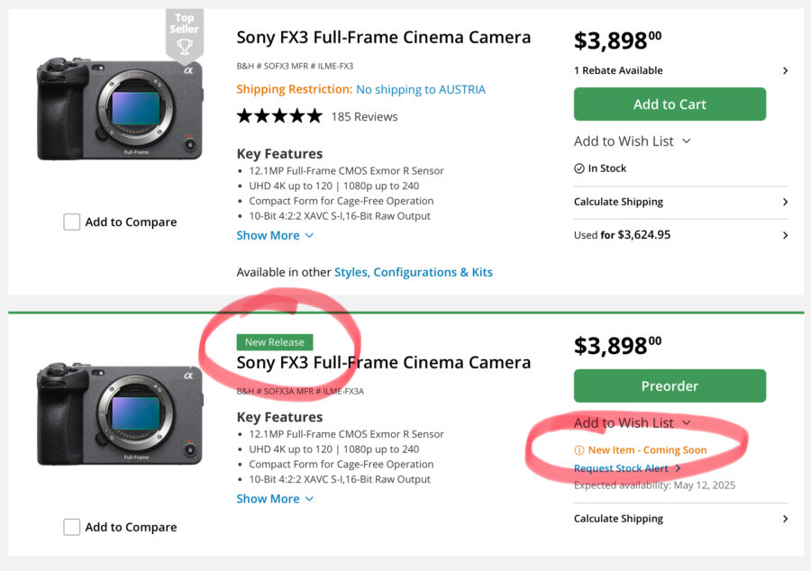 Liste des Sony FX3 et FX3a chez B&H