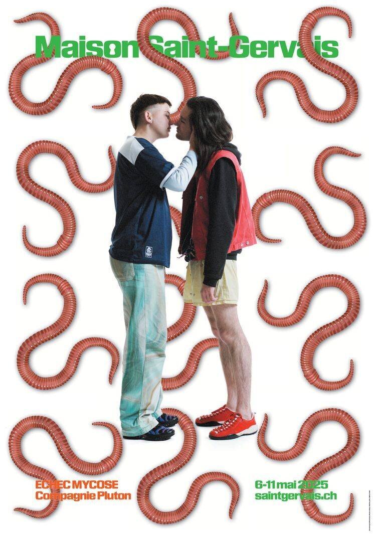 Affiche de deux personnes se tenant par la main au milieu d’un fond blanc avec des motifs de vers rouges. Texte : ’Maison Saint-Gervais, Édith et Mycose Compagnie Pluton, 6-11 mai 2025, saintgervais.ch’.