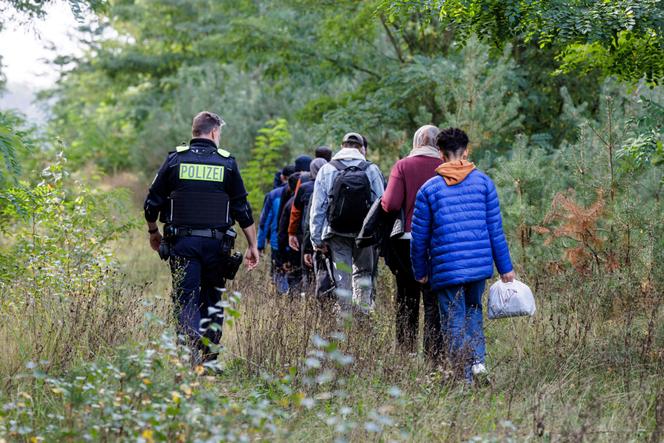 Un officier de la police fédérale allemande escorte un groupe de migrants près de Forst, dans l’est de l’Allemagne, le 11 octobre 2023, lors d’une patrouille près de la frontière avec la Pologne.