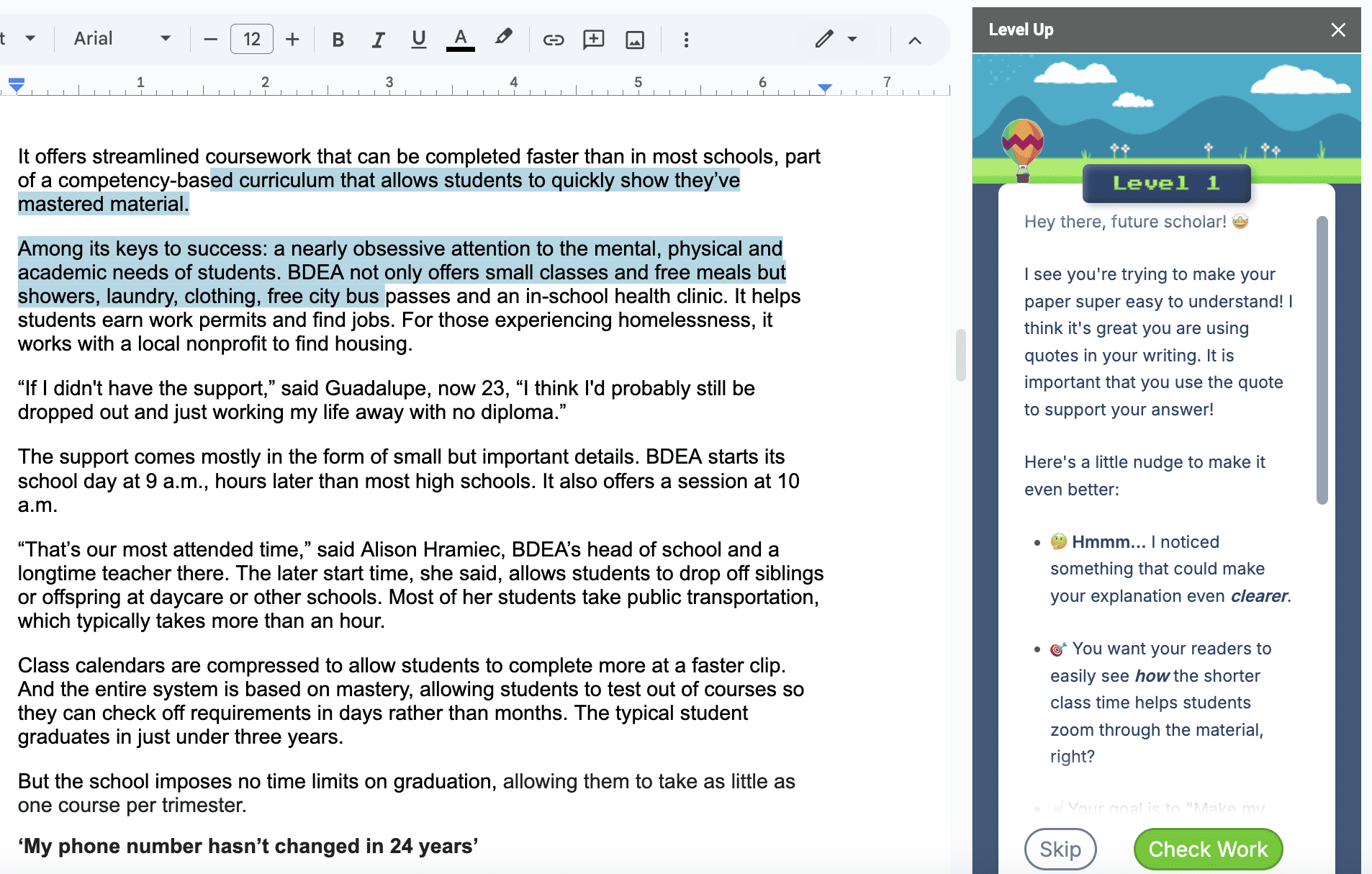 Analyse d'un texte par l'application Level Up
