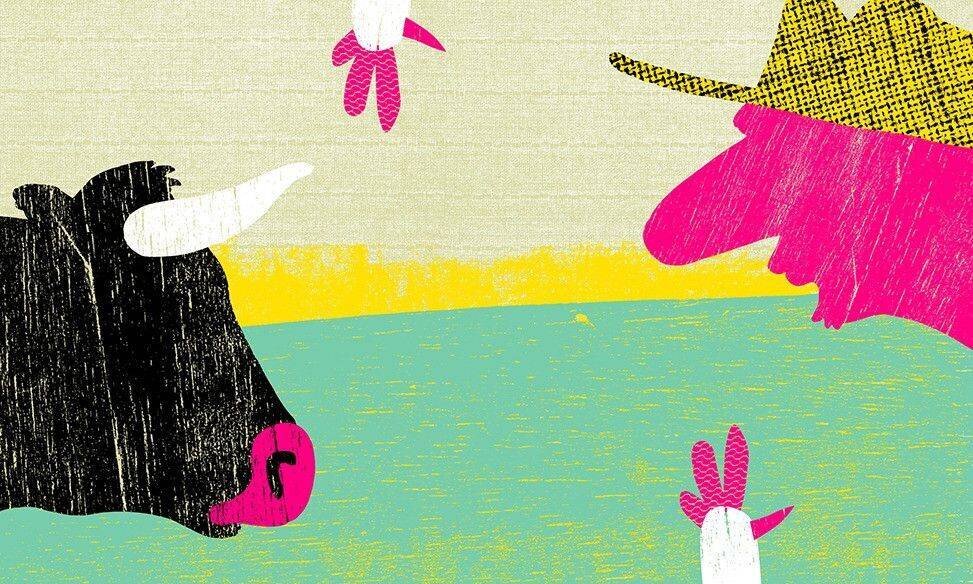 Illustration colorée d’un taureau noir avec des cornes blanches face à une figure humaine rose portant un chapeau jaune.