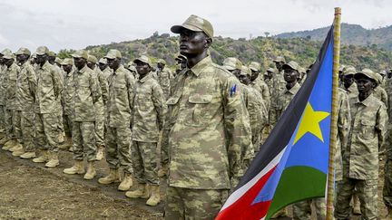 Des soldats appartenant aux forces unifiées du Soudan du Sud, à Djouba, le 15 novembre 2023. (PETER LOUIS GUME / AFP)