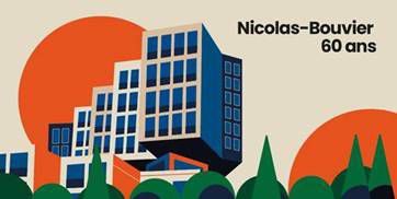 Illustration d’un bâtiment moderne avec des formes géométriques devant un grand cercle orange avec le texte ’Nicolas-Bouvier 60 ans’