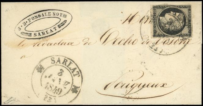 Lettre de Sarlat du 3 janvier 1849 pour Périgueux, cachet d’arrivée au verso le 4 janvier, prix de départ 7 500 euros.