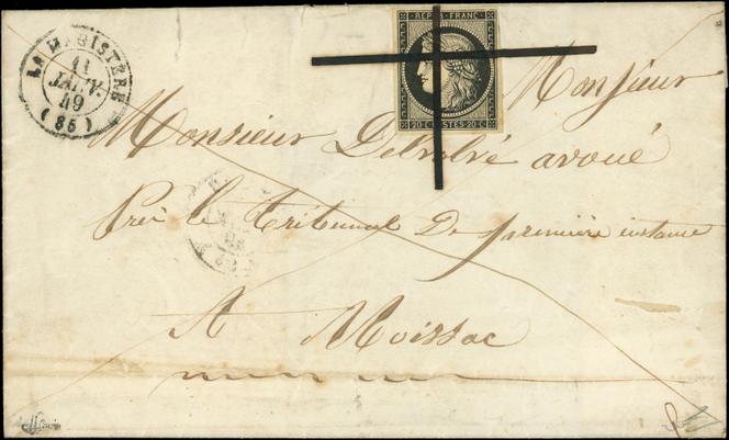 Lettre pour Moissac avec double barre en croix de La Magistère du 11 janvier 1849, prix de départ 25 000 euros.