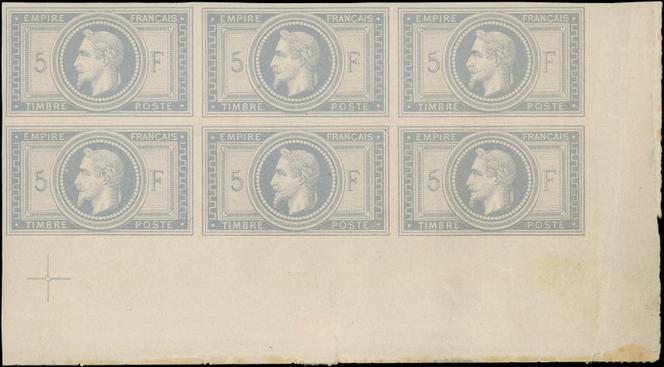 Bloc de six 5 francs Empire gris-violet non dentelé, coin de feuille, mise à prix de 35 000 euros.