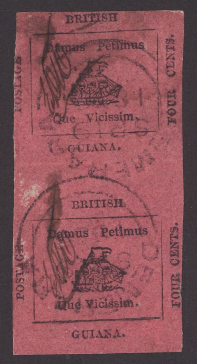 Paire de 4 cents noir sur papier magenta de 1856 estimée entre 11 760 et 17 650 euros.