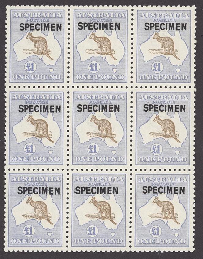 Australie, bloc de neuf timbres surchargés 'SPECIMEN'.