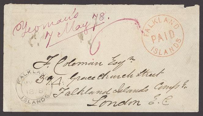 Lettre des Falkland (1878) pour Londres avec cachet rouge.