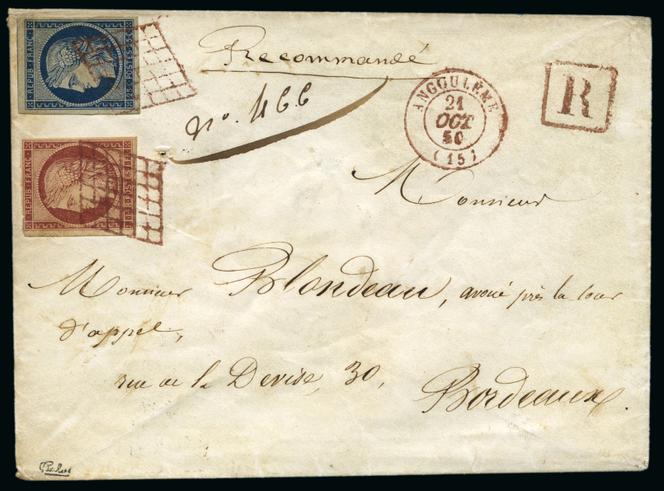 Lettre recommandée affranchie d’un 25 centimes bleu foncé et 1 franc carmin foncé, estimation de 30 000 à 45 000 euros.
