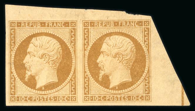 Paire neuve du 10 centimes bistre Napoléon 'Présidence', estimation 46 000-70 000 euros.