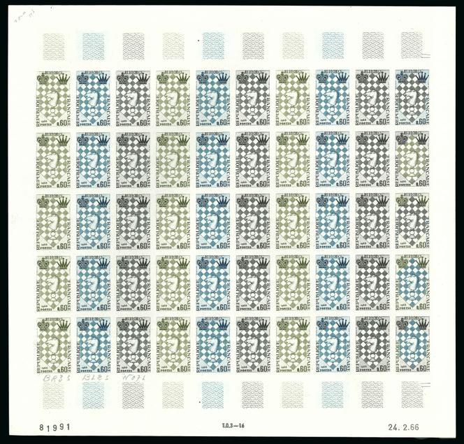 Feuille de 50 essais de couleur 60 centimes 'Jeu d’échecs' (1966), estimation 4 200-6 500 euros.