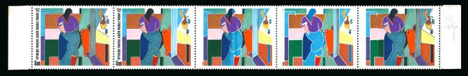 Variété d’impression sur cinq timbres 5 francs 'Alberto Magnelli. Virginia', estimation 3 000-5 000 euros.