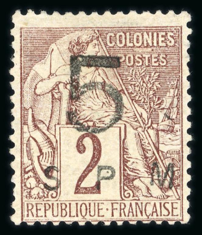Timbre 2 centimes lilas-brun sur gris surchargé 5 SPM, estimation 45 000-60 000 euros.