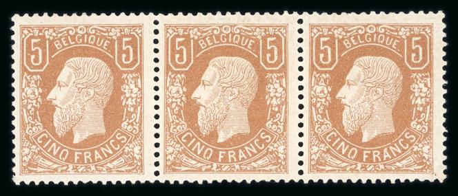 Bande de trois timbres belges Léopold II (1869), estimation 22 000 à 30 000 euros.