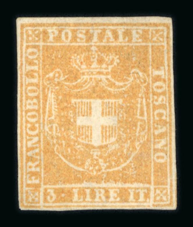 Toscane, 3 lires ocre-jaune (1860), estimation 120 000 à 200 000 euros.