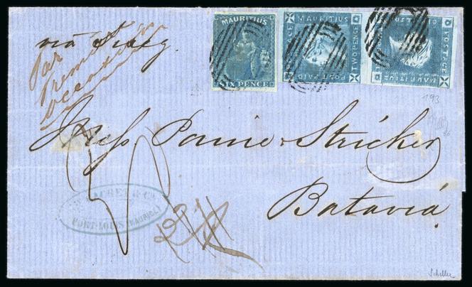 Lettre de l'Île Maurice pour Batavia avec timbres Lapirot (1859), estimation 28 250 à 35 300 euros.