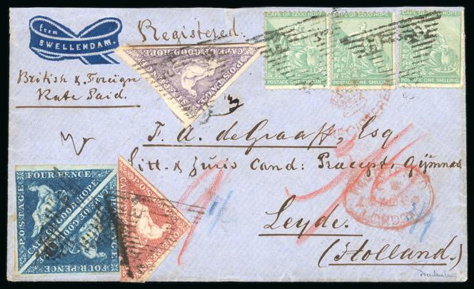 Pli recommandé du Cap de Bonne-Espérance pour Leyde (1864), estimation 75 880 à 99 220 euros.
