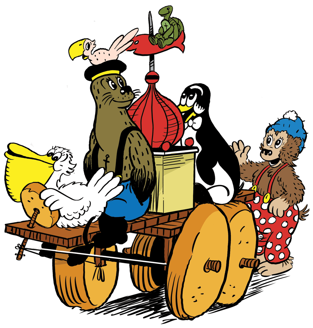 Dessin coloré d’un groupe d’animaux, dont un phoque, un pingouin, un pélican, un oiseau vert et un autre personnage, montés sur un chariot à grandes roues.