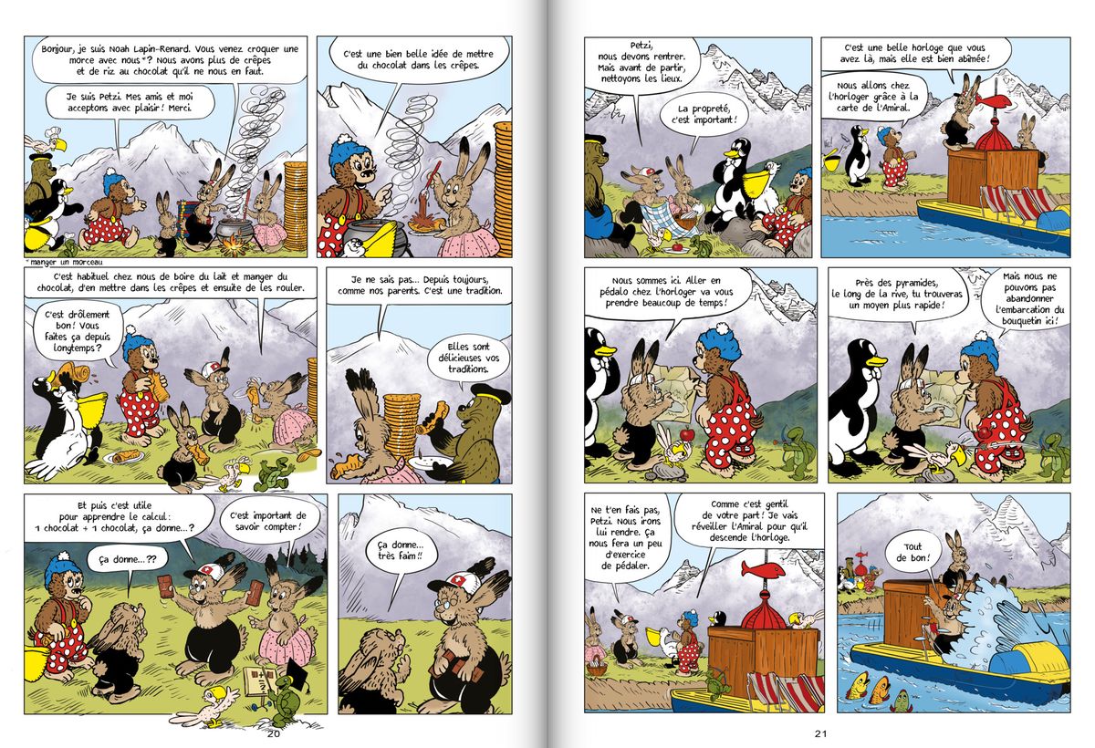 Bande dessinée humoristique avec des animaux discutant et interagissant dans un paysage alpin, incluant des montagnes et un lac.