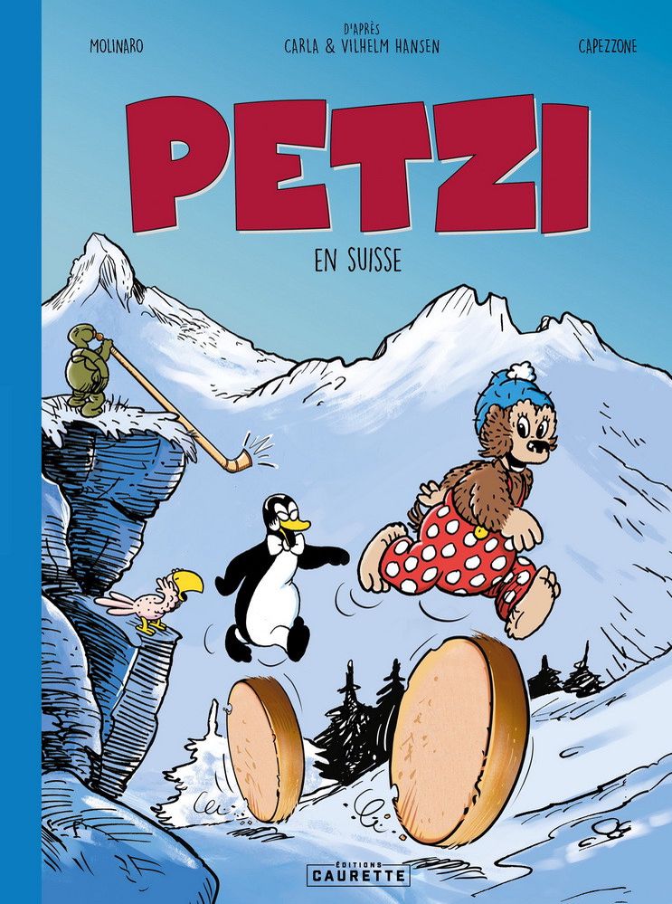 Couverture de bande dessinée ’Petzi en Suisse’ montrant Petzi et ses amis dans un paysage enneigé avec des montagnes.
