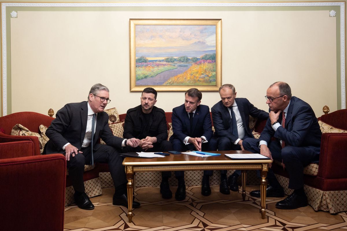 Le chancelier allemand Friedrich Merz lors d’un appel avec les dirigeants internationaux depuis Kiev, 10 mai 2025