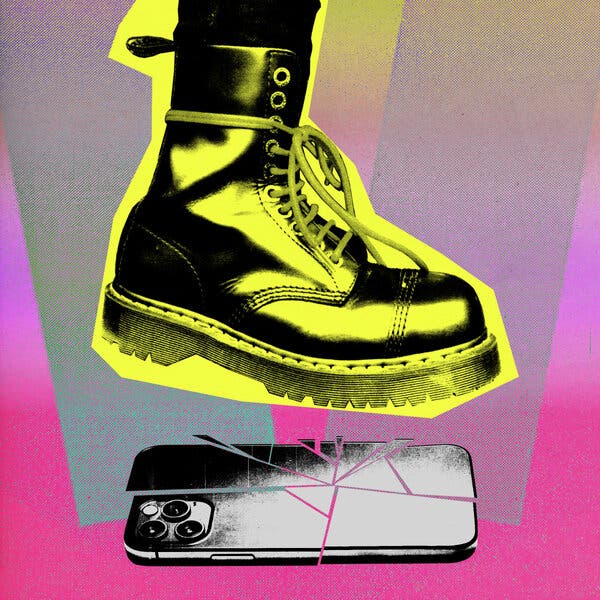 Illustration néon de bottes Doc Marten écrasant un smartphone