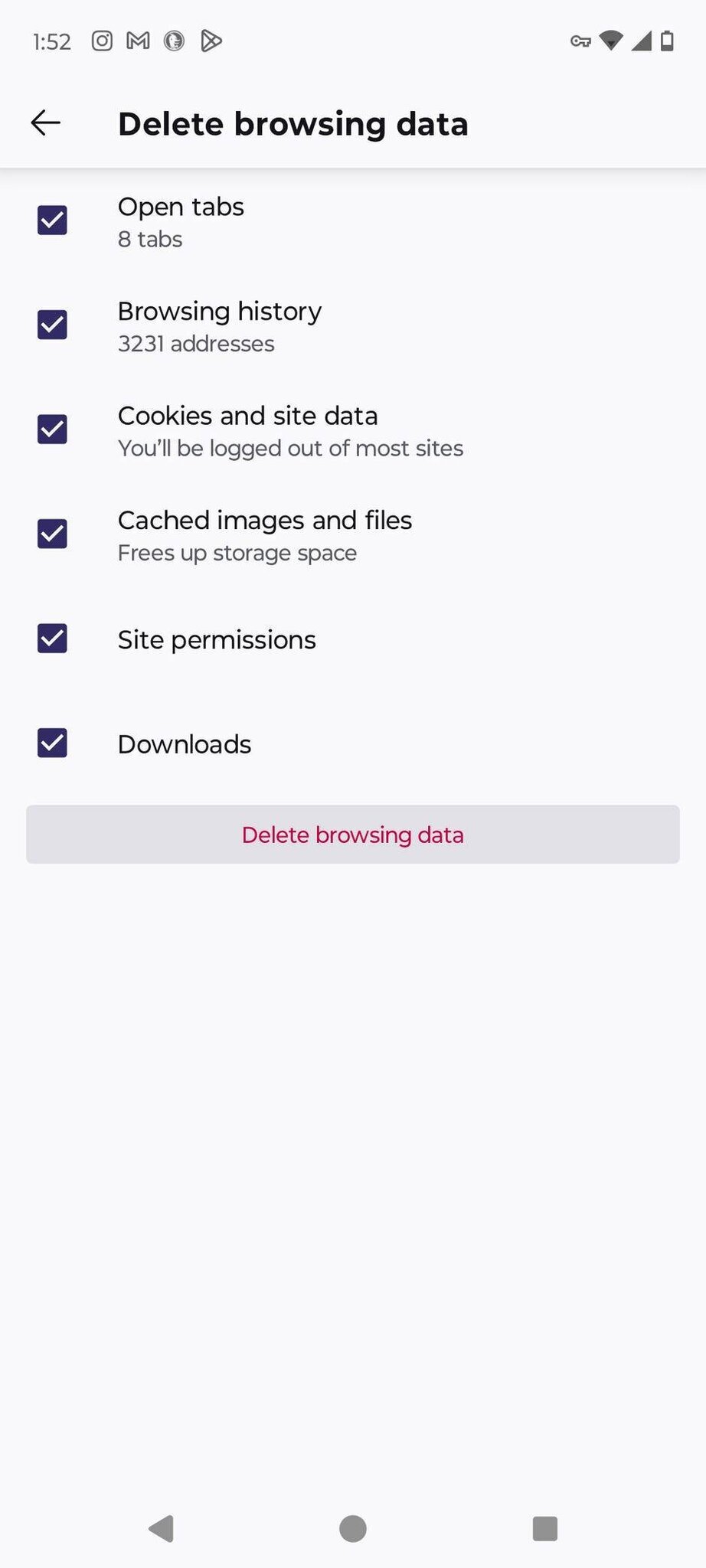 Menu Supprimer les données de navigation dans Firefox sur Android