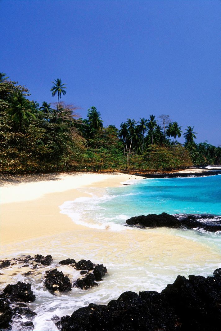 Plage sur l’île de Rolas à São Tomé et Príncipe avec sable blanc, eau turquoise et palmiers