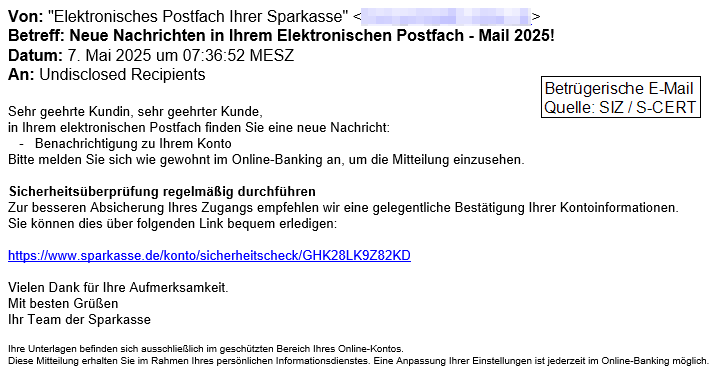 Mit derartigen Mails sollen Sparkassen-Kunden in die Falle gelockt werden.