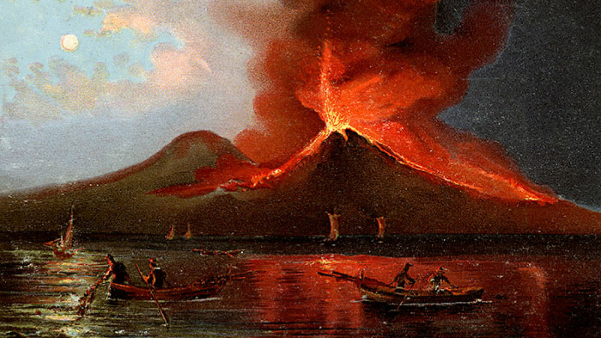 Éruption du Mont Vésuve près de Pompéi avec bateaux sur l'eau, illustrant une tentative tragique de protéger un enfant.
