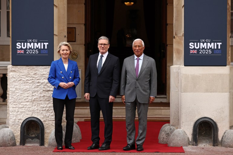 Antonio Costa, Keir Starmer et Ursula von der Leyen lors du sommet à Londres, 19 mai 2025