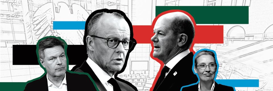 Collage avec portraits de Habeck, Merz, Scholz et Weidel