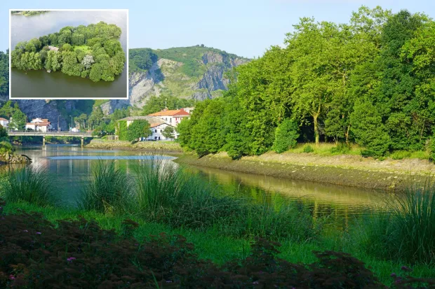 Collage montrant l'île Pheasant, une île inhabitée sur la rivière Bidasoa entre la France et l'Espagne, et une vue aérienne d'une île boisée avec une maison au lac Eutin