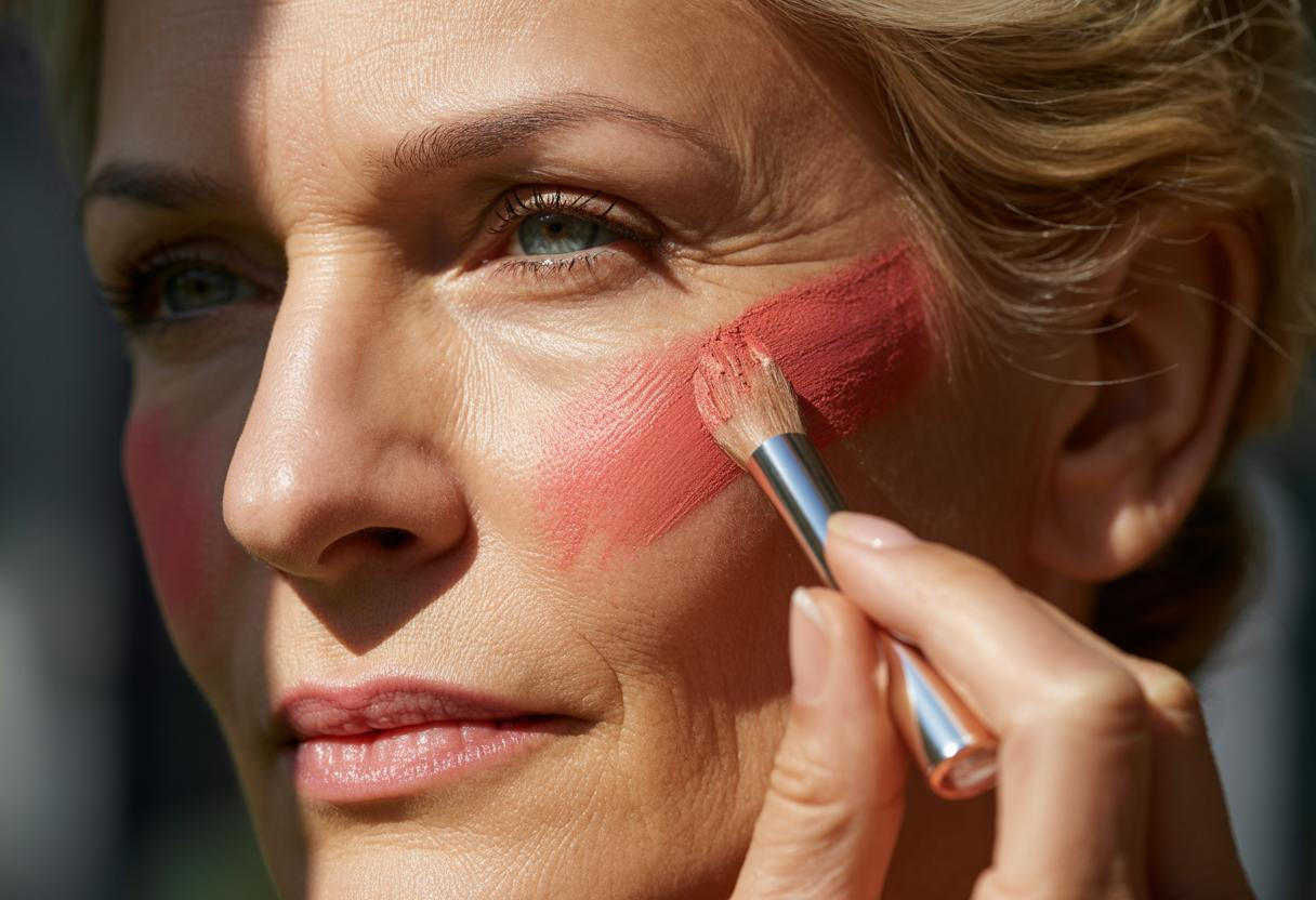 Une femme appliquant du blush crème sur ses pommettes