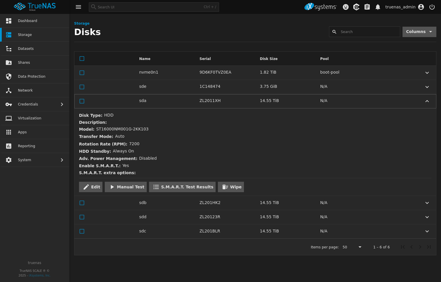Informations relatives aux disques installés dans un NAS avec TrueNAS SCALE
