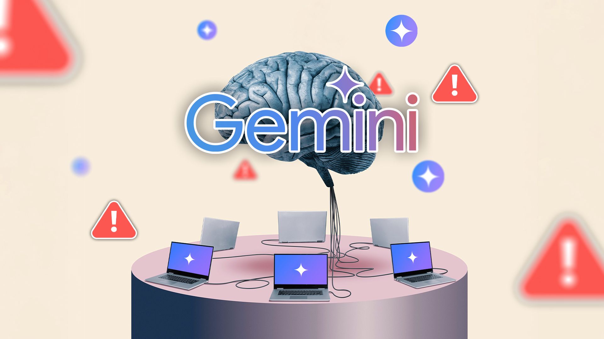 Un cerveau connecté à des ordinateurs portables avec le logo Gemini au centre