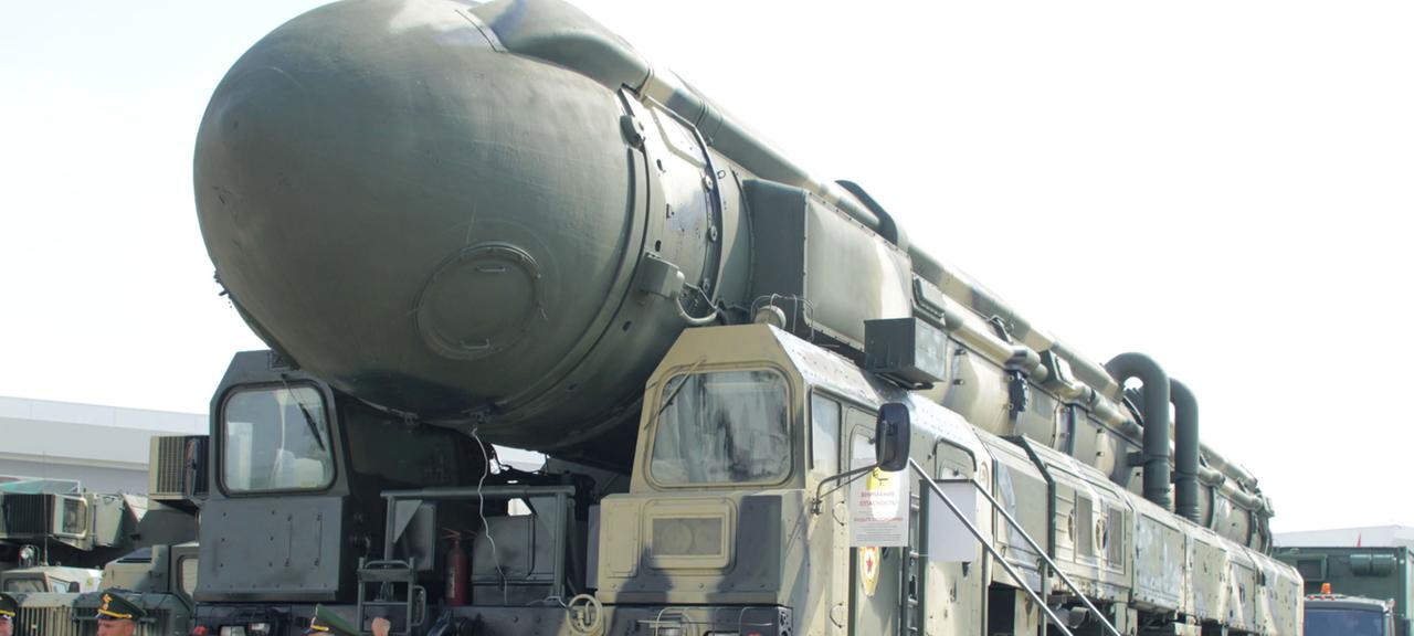 Intercontinental missile Topol with nuclear warheads presented at a defense exhibition in Russia.