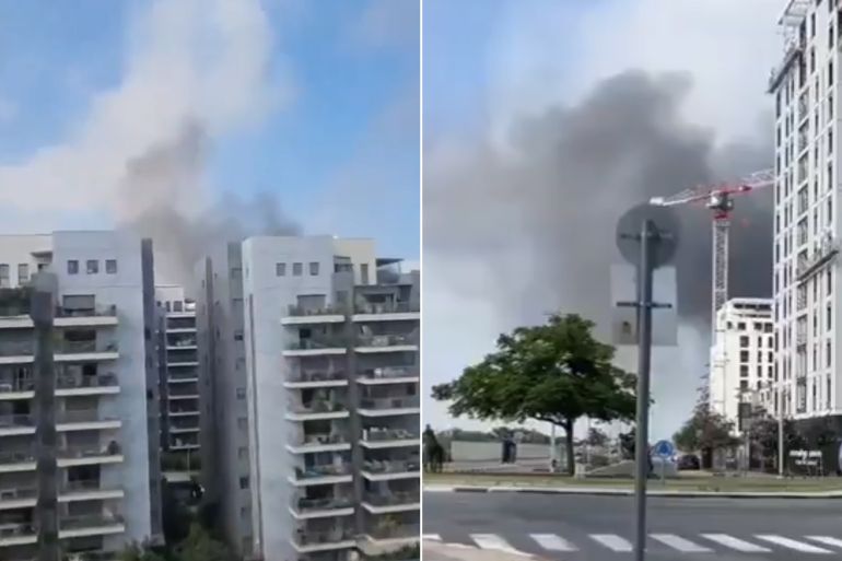 Dégâts causés par les missiles iraniens en profondeur dans Tel-Aviv, avec fumée s’élevant à plusieurs endroits