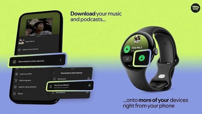 Interface de l'application Spotify montrant 'Télécharger sur d'autres appareils' avec une montre intelligente jouant de la musique. Interface de l'application Spotify montrant 'Télécharger sur d'autres appareils' avec une montre intelligente jouant de la musique.