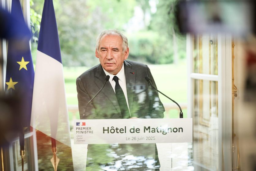 François Bayrou lors de la conférence de presse sur les retraites à Matignon, le 26 juin.