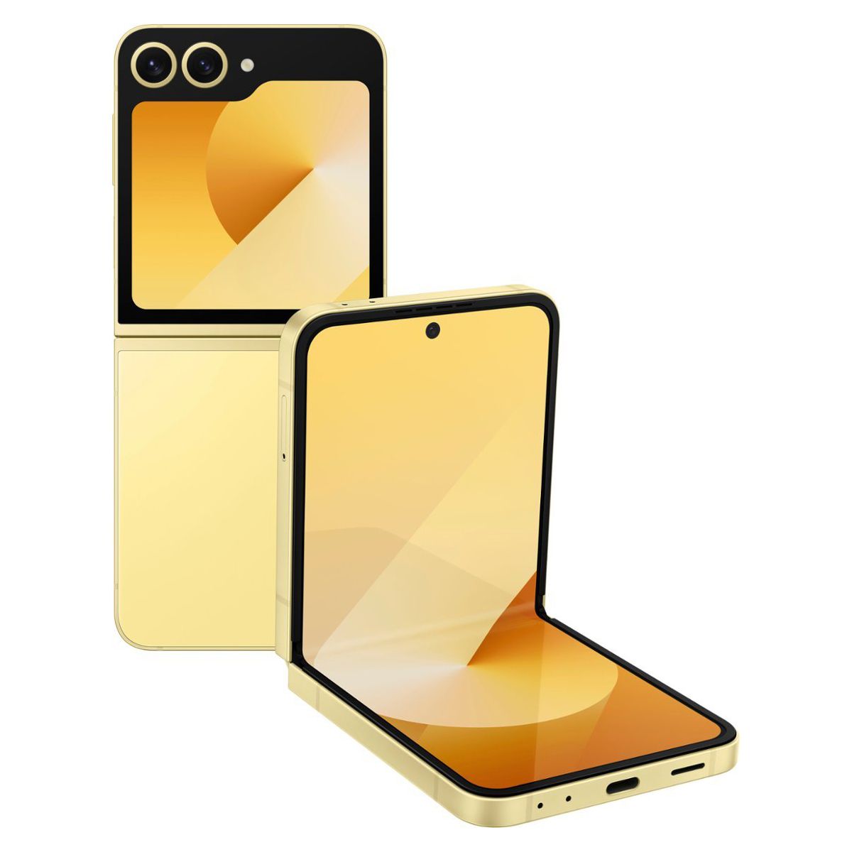 Rendu du Galaxy Z Flip 6 en jaune sur un fond blanc.
